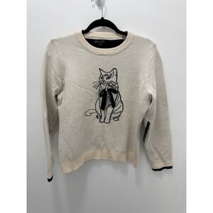On 12th Cream Cat Graphic Sweater Size Large Bow Detail Knit Top Viscose Blend